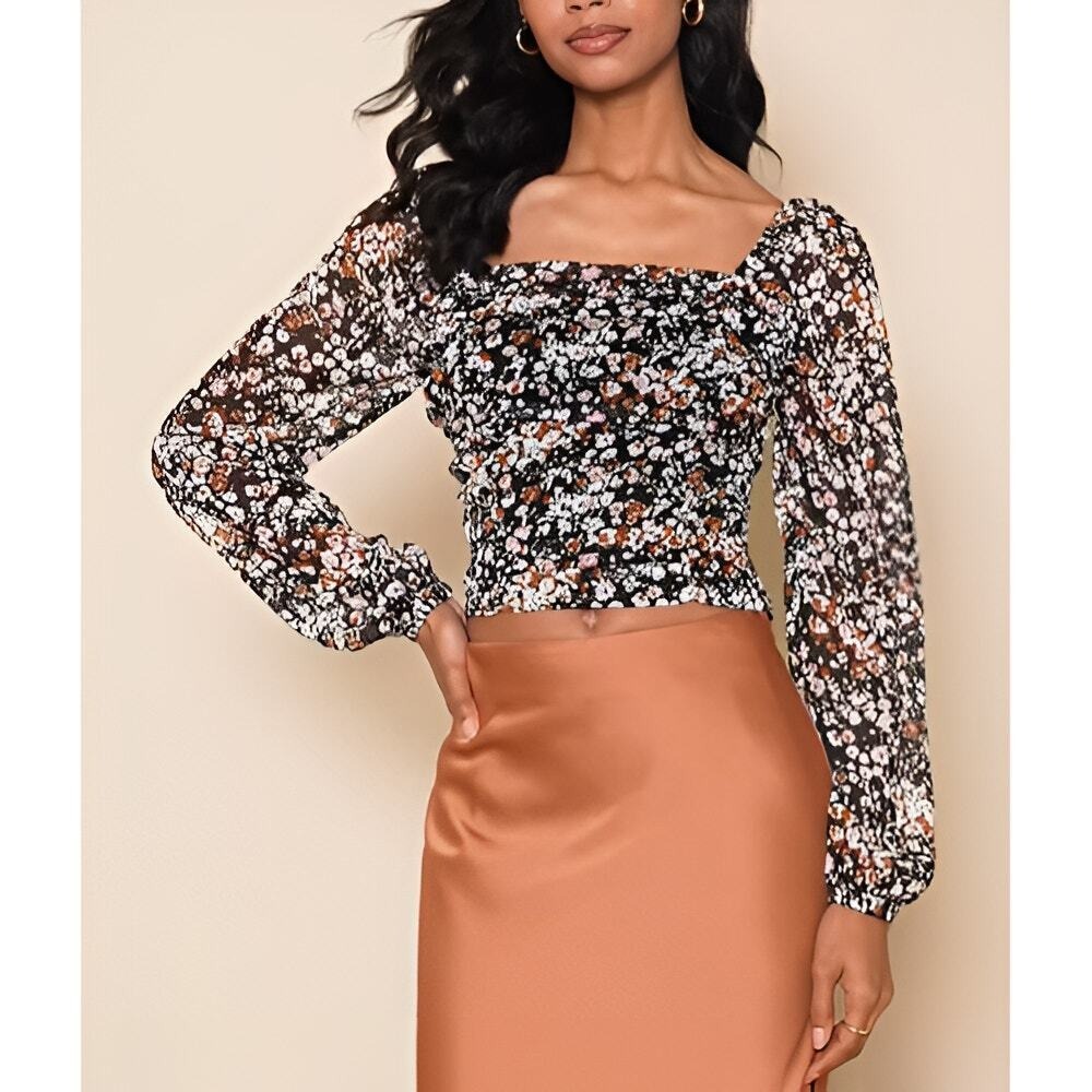 Lulus Womens Floral Smocked Sheer Cottagecore Mood Setter Long Sleeve Crop Top S